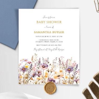 Budget Purple Wildflowers Baby Shower Invitations