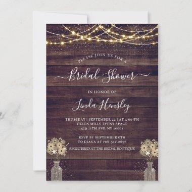 Budget Rustic Wood Floral Lights Bridal Shower Inv Invitations