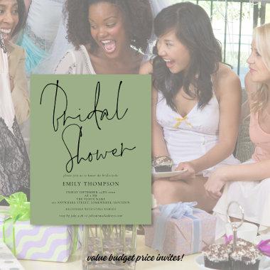Budget Script Sage Green Bridal Shower Invitations