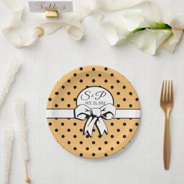 Buff Beige Black Polka Dot White Bow Personalized Paper Plates