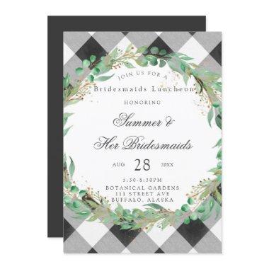 Buffalo Plaid Wreath Gold Bridesmaids Luncheon Invitations