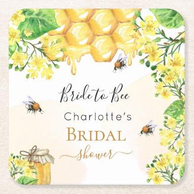 Bumble bees honey yellow florals  Square Paper Coaster