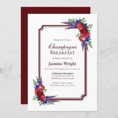 Burgundy and Blue Floral Champagne Breakfast Invitations
