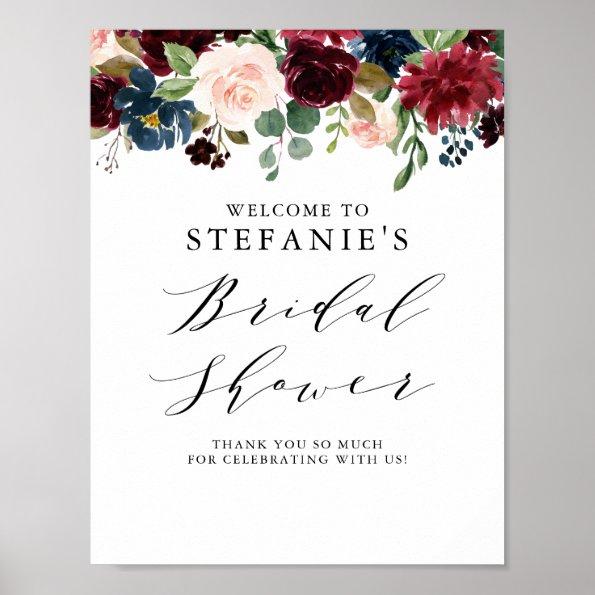 Burgundy and Blue Floral Garland Bridal Shower Poster