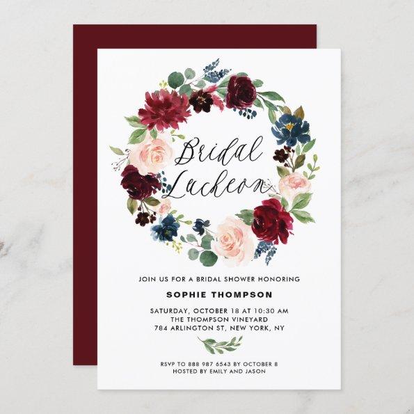 Burgundy and Blue Floral Wreath Bridal Luncheon Invitations