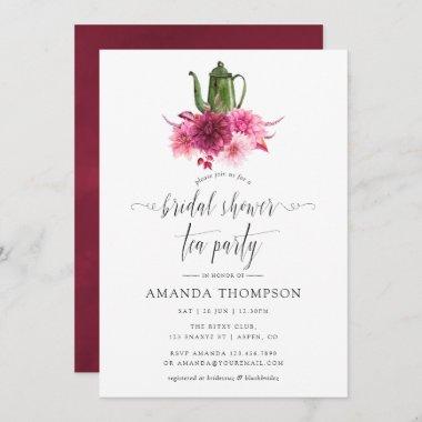 Burgundy and Blush Pink Bridal Shower Tea Party Invitations