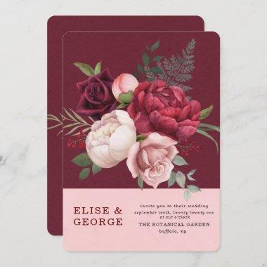 Burgundy and Blush Pink Peony Bouquet Wedding Invitations
