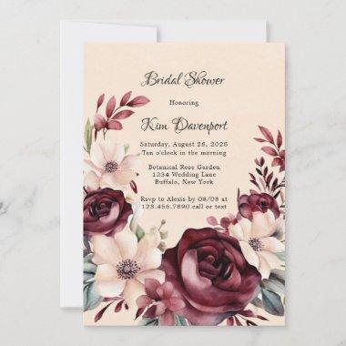 Burgundy and Cream Roses Bridal Shower Invitations