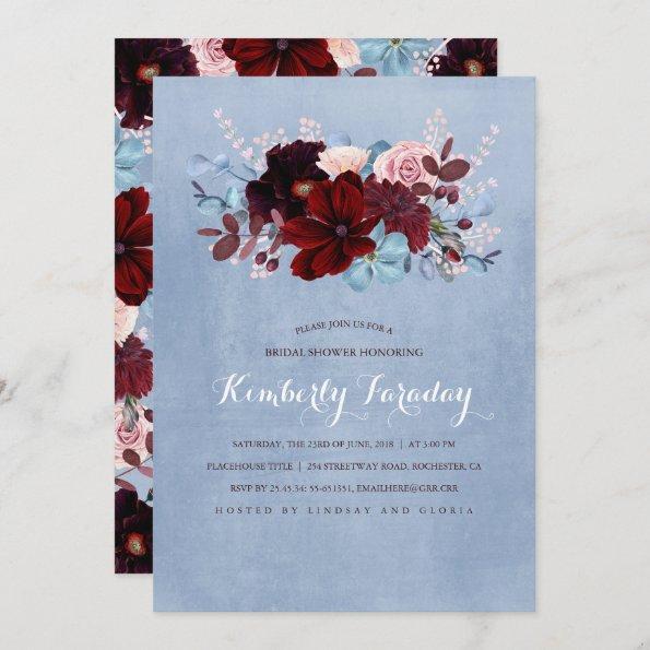 Burgundy and Dusty Blue Floral Bridal Shower Invitations