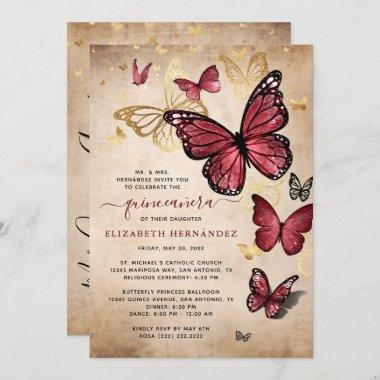 Burgundy and Gold Butterfly Quinceanera Birthday Invitations