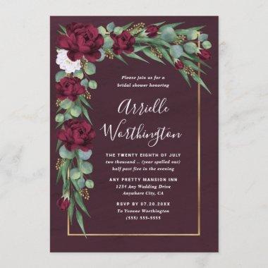 Burgundy and Gold Floral Fall Unique Bridal Shower Invitations