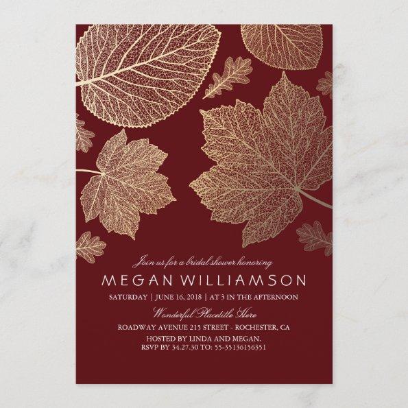 Burgundy and Gold Leaves Fall Bridal Shower Invitations