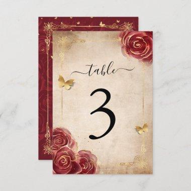 Burgundy and Gold Rose Wedding Table Number Cards