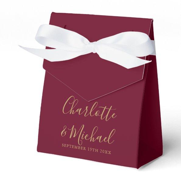 Burgundy and Gold Script Elegant Wedding Favor Boxes