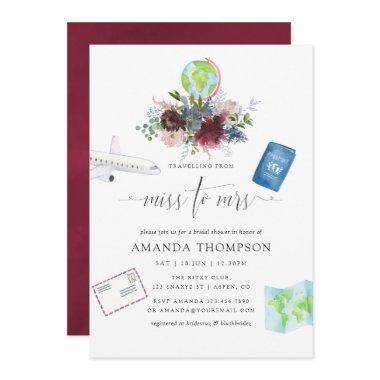 Burgundy and Navy Floral Miss To Mrs Bridal Shower Invitations