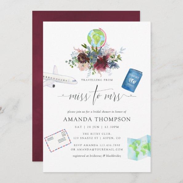 Burgundy and Navy Floral Miss To Mrs Bridal Shower Invitations