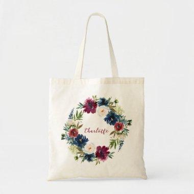 burgundy and Navy Floral Wreath Wedding Tote Bag
