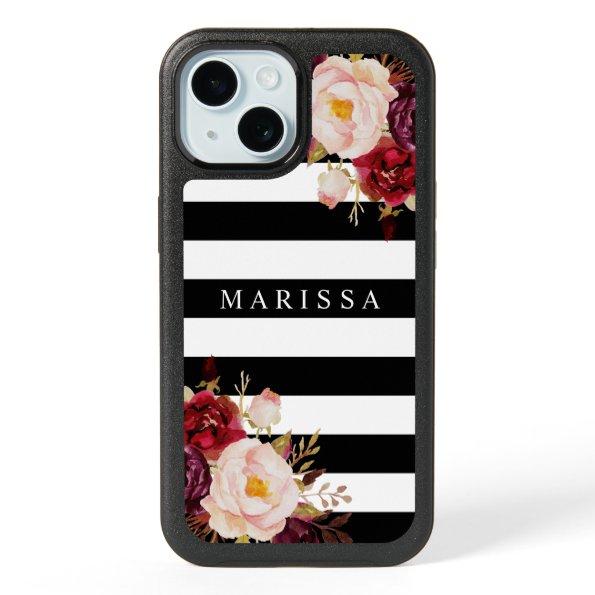 Burgundy Black n' White Pink Floral iPhone 15 Case