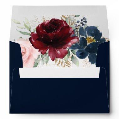 Burgundy Blue Blush Floral Invitations Wedding A7  Envelope