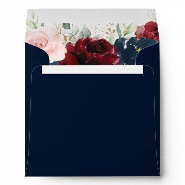 Burgundy Blue Blush Floral Square Round Invitations Envelope