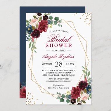 Burgundy Blue Floral Gold Geometric Bridal Shower Invitations