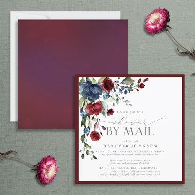 Burgundy Blue Floral Watercolor Bridal Shower Mail Invitations