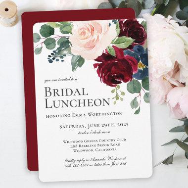 Burgundy Blush and Navy Floral Bridal Luncheon Invitations