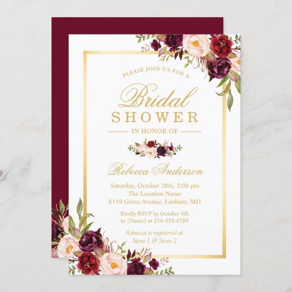 Burgundy Blush Bloom Floral Gold Bridal Shower Invitations