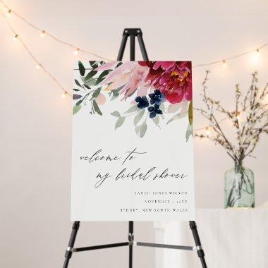 Burgundy Blush Blue Floral Bridal Shower Welcome Foam Board