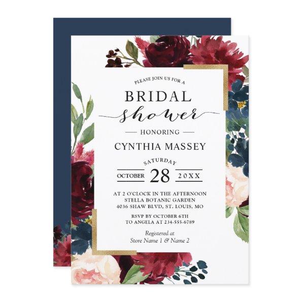 Burgundy Blush Blue Floral Modern Bridal Shower Invitations