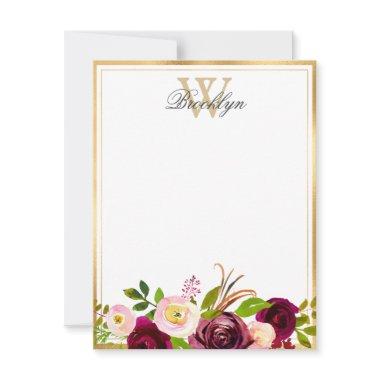 Burgundy Blush Botanical Floral Monogram Note