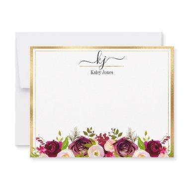 Burgundy Blush Botanical Floral Monogram Note Invitations