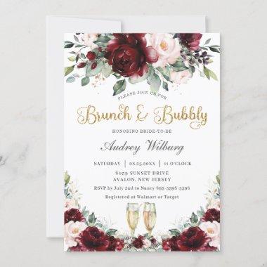 Burgundy Blush Floral Brunch Bubbly Bridal Shower Invitations