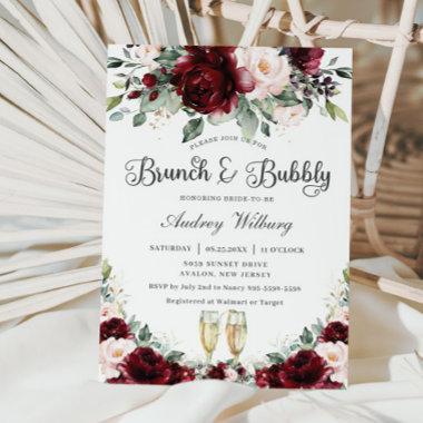 Burgundy Blush Floral Brunch Bubbly Bridal Shower Invitations