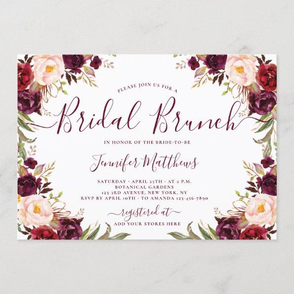 Burgundy Blush Floral Elegant Script Bridal Brunch Invitations