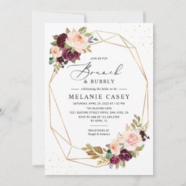 Burgundy Blush Floral Geometric Brunch and Bubbly Invitations