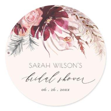 Burgundy Blush Floral Pampas Grass  Classic Round Sticker