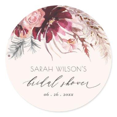 Burgundy Blush Floral Pampas Grass Bridal Shower Classic Round Sticker