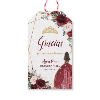 Burgundy Blush Floral Princess Crown Quinceanera Gift Tags