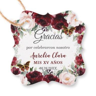 Burgundy Blush Floral Quinceañera Butterflies Favor Tags