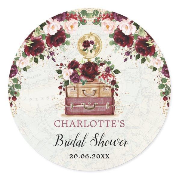Burgundy Blush Floral Travel Bridal Shower Favors Classic Round Sticker