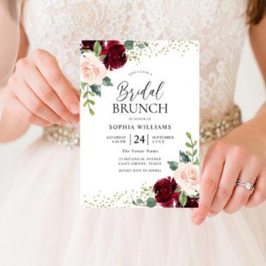 Burgundy & Blush Flowers Bridal Shower Brunch Invitations
