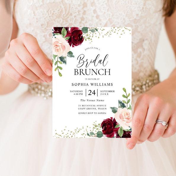 Burgundy & Blush Flowers Bridal Shower Brunch Invitations