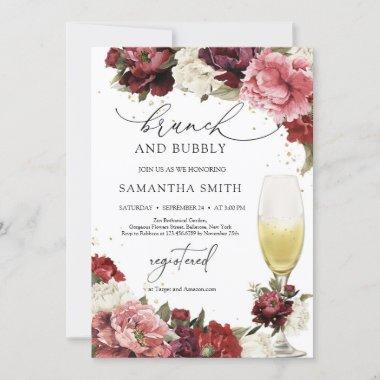 Burgundy blush maroon flowers brunch and bubbly Invitations