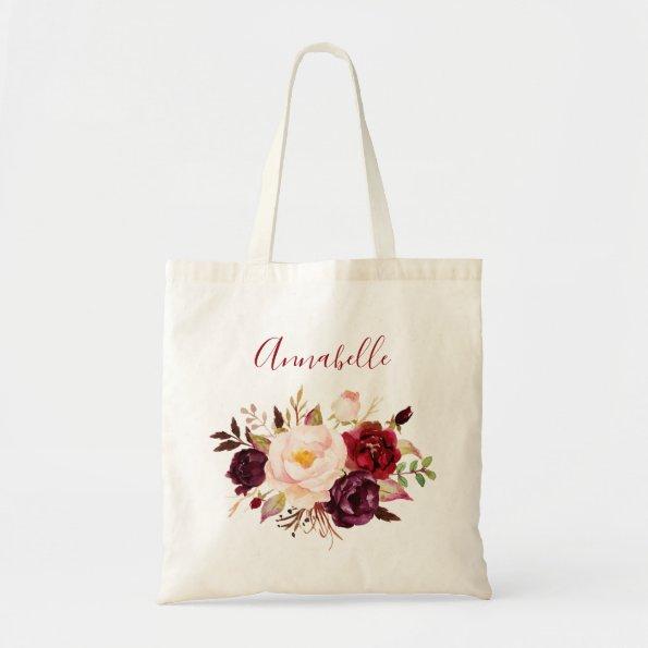 Burgundy & Blush Marsala Floral & Name or Monogram Tote Bag