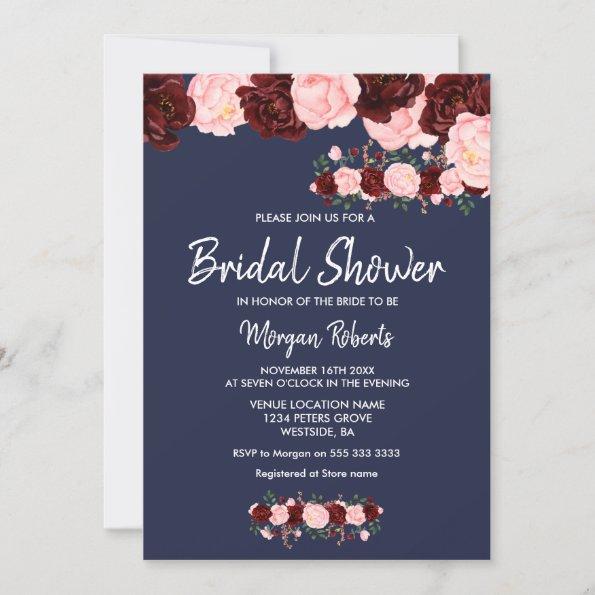 Burgundy Blush Navy Blue Bridal Shower Invitations