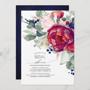 Burgundy Blush Navy Blue Floral Bridal Shower Invitations