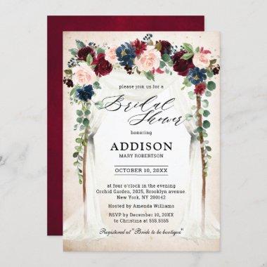 Burgundy Blush Navy Floral Arch Bridal Shower Invitations