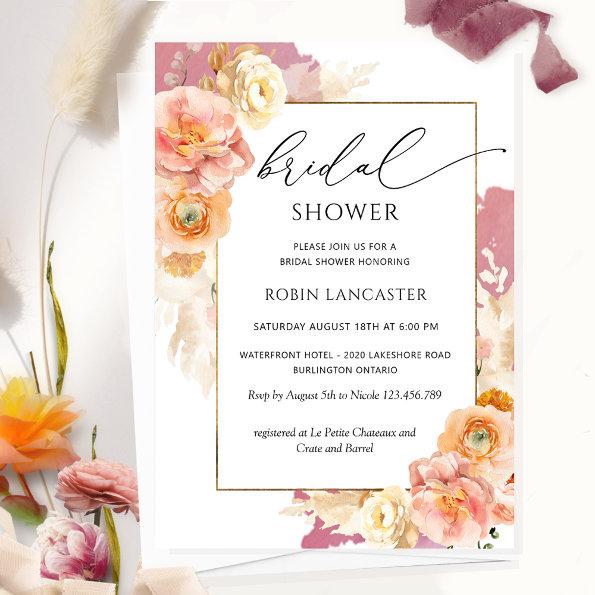 Burgundy Blush, Peach Floral Bridal Shower /Brunch Invitations