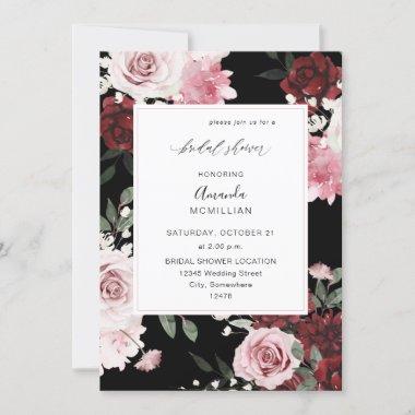 Burgundy & Blush Pink 6 Floral Bridal Shower Black Invitations